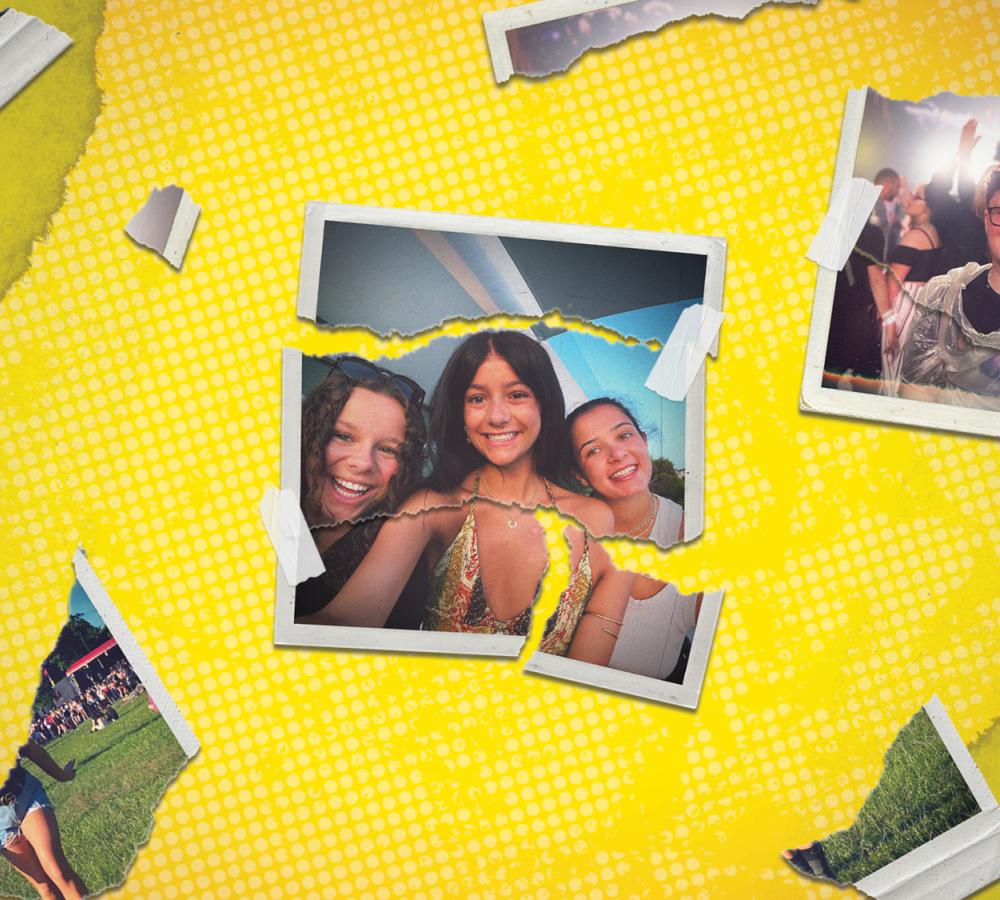 A collage on a yellow background featuring Polaroid-style photos. The images show people enjoying outdoor spaces, two women smiling, and one person raising a glass. Torn paper edges frame the photos.
