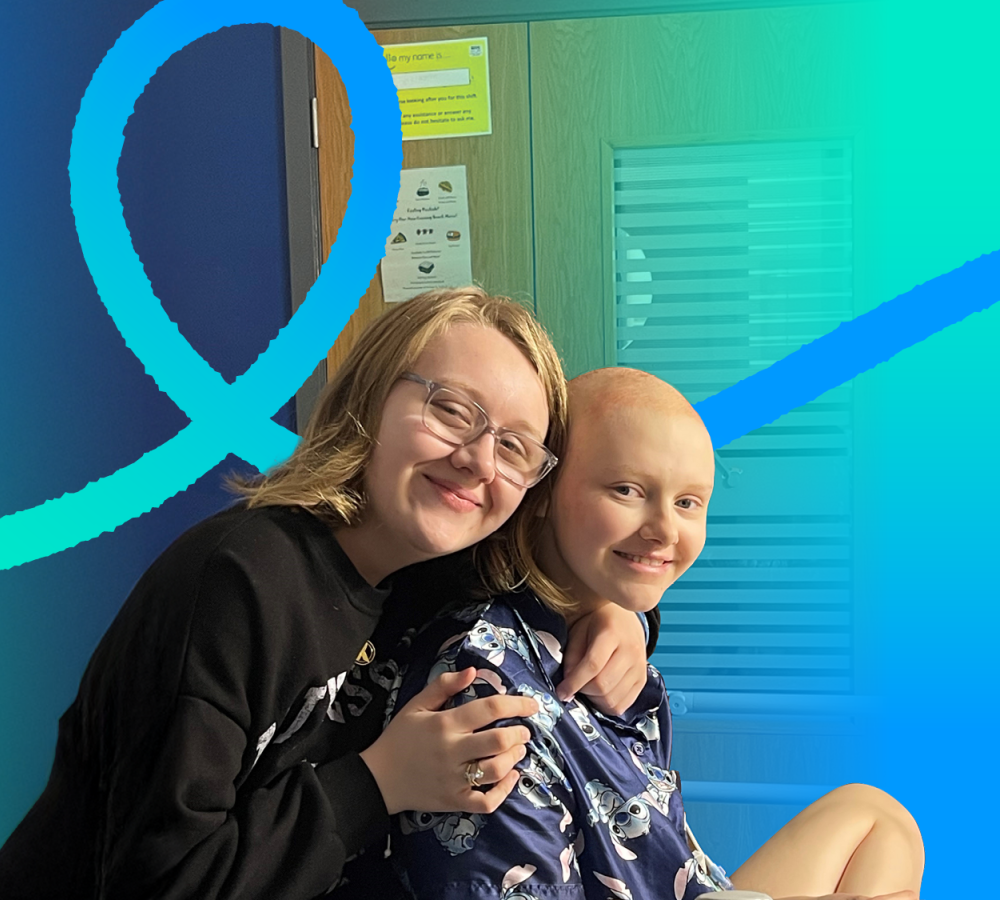 Two young people on a Teenage Cancer Trust ward. There is an applied graphical gradient, with the colours transitioning from tea to a light blue. An addiotnal graphical element with the same gradient, but reversed is applied to a looping ribbon.