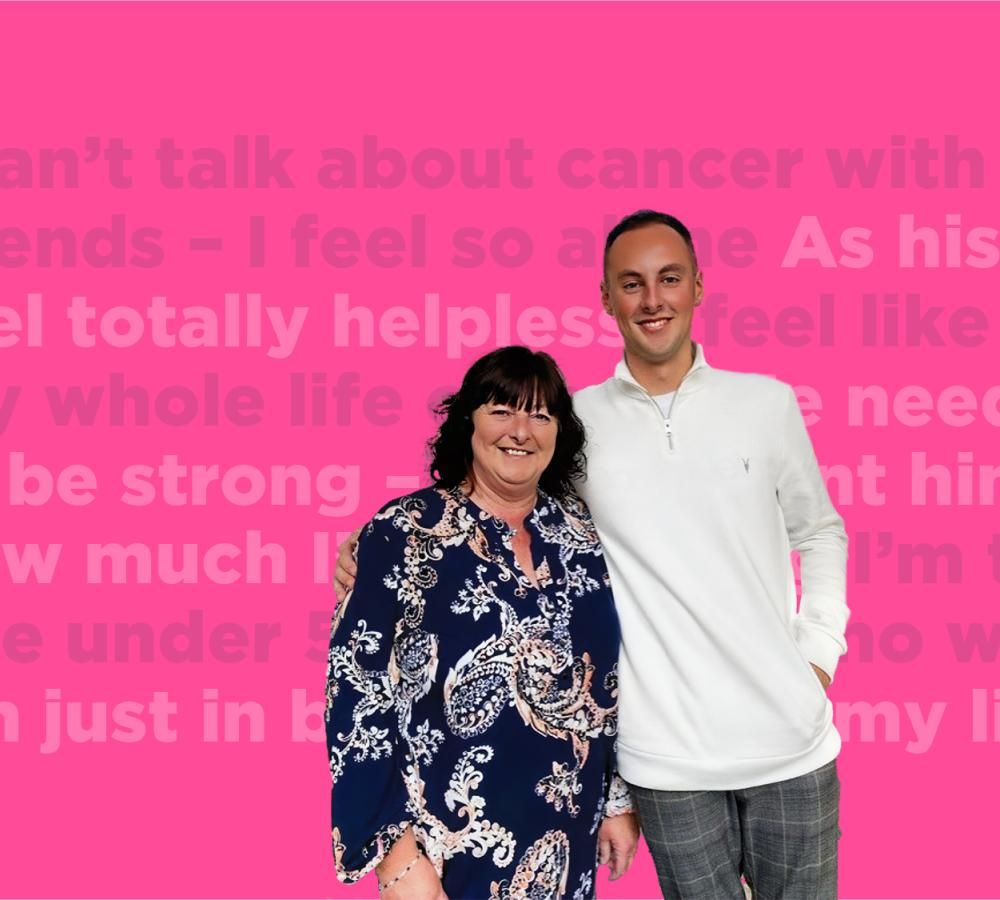 Young person with cancer standing next to their mum. The image of the people is cut out, on a pink background with graphical, transparent texted overlayed.