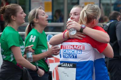 Teenage Cancer Trust Great Bristol 10k runners hugging