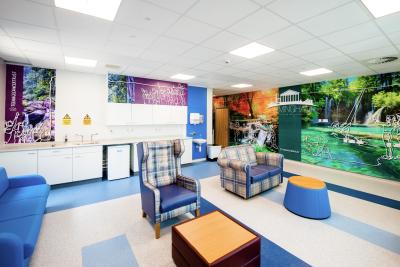 Pool table, jukebox and TV area in the social space at our Birmingham Children's Hospital unit