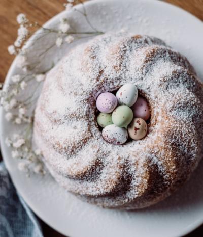 Easter cake with mini eggs in the middle