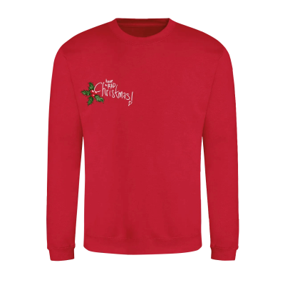 Front of the rad Christmas jumper designed by Keith Lemon for Teenage Cancer Trust in red