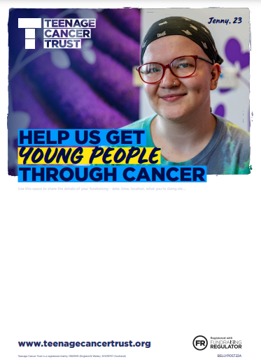 A fundraising poster with a picture of a young person.