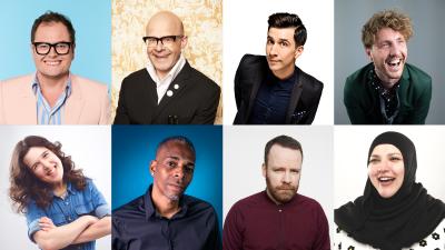A compilation grid of the comedy line up, containing portrait images of the following people: ALAN CARR, HARRY HILL, RUSSELL KANE, SEANN WALSH, ROSIE JONES, SLIM, NEIL DELAMERE and FATIHA EL-GHORRI