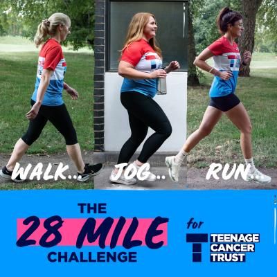 Three women walk, jog and run as part of the 28 Mile Challenge for Teenage Cancer Trust.