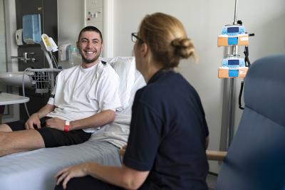 Hugo, 22, at a Teenage Cancer Trust unit