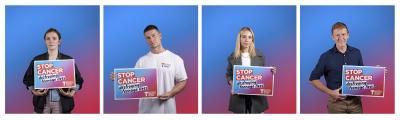 Celebrities Charlotte Ritchie, Joel Corry, Eden Taylor-Draper and Tim Peake pose holding boards that read 'Stop Cancer Destroying Teenage Lives'