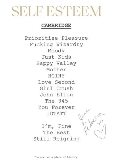 An autographed set list from a Self Esteem gig in Cambridge