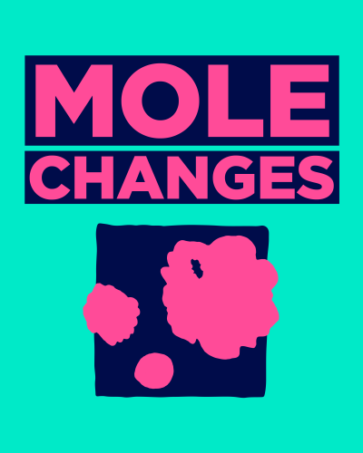 Turquoise background with pink lettering saying 'mole changes' and a line drawing of an irregular mole