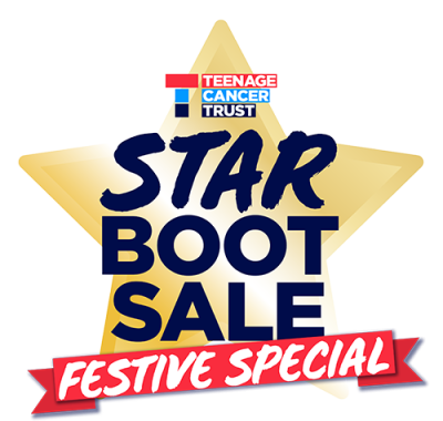 A logo, saying Star Boot Sale with a teenage cancer trust logo at the top and a gold sstar behind, with the words Festive speical in a red banner