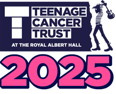 Logo for the Teenage Cancer Trust concerts at the Royal Albert Hall features bold white text on a dark blue background, with the year 2025 in large pink numbers below, highlighting a future full of impactful 2025 gigs.