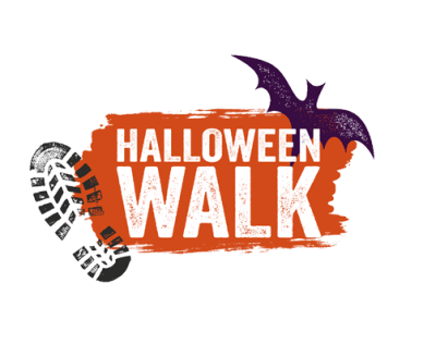 Halloween Walk logo with purple bat and footprint