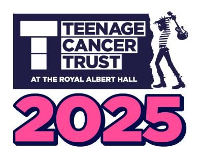 Logo for Teenage Cancer Trust at the Royal Albert Hall 2025. It includes the organizations name, and a silhouette of a person holding a guitar on the right, with 2025 in large pink numbers at the bottom.
