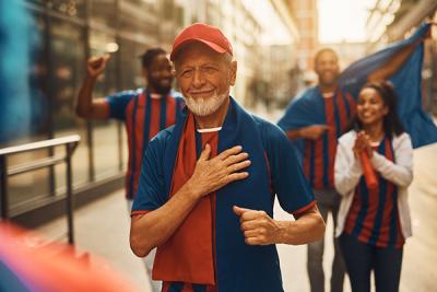 A man wearing a red and blue football shirt and scarf, holding his hand against his heart