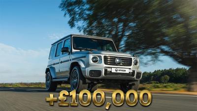 A silver Mercedes G-Wagon driving on a road with a graphic reading '+£100,000'