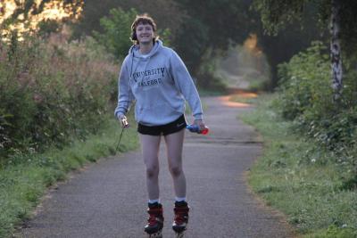 Lucy roller-skating for Teenage Cancer Trust