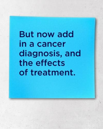 But now add in a cancer diagnosis and the effects of treatment.