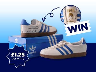 Pair of white Adidas, with blue stripes. The words win and a star shape £1.25 per entry. 