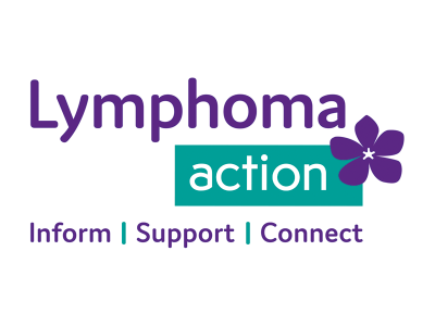 The logo for the Lymphoma Action charity in purple and teal with a flower on the right hand side