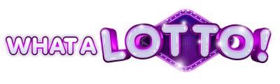 Text logo with the words WHAT A LOTTO! in bold, playful, purple and white letters, with LOTTO set against a sparkling purple diamond background.