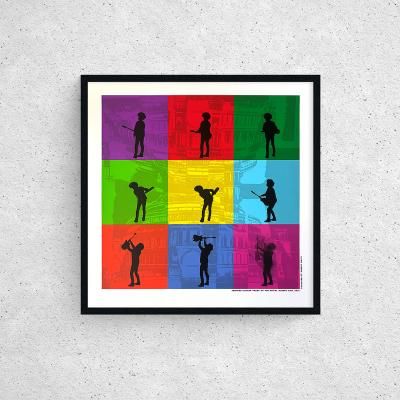 Nine brightly coloured squares with the silhouette of a man holding a guitar