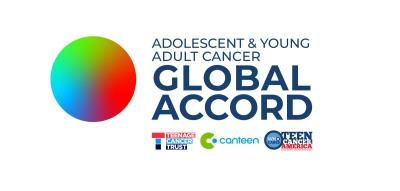 A multicolored gradient circle next to the text Adolescent &amp; Young Adult Cancer Global Accord with three partner logos underneath: Canteen, Teen Cancer America, and Teenage Cancer Trust.