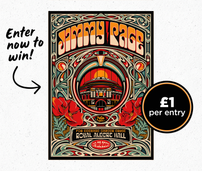 A colorful poster for a Jimmy Page concert at Royal Albert Hall, surrounded by floral designs. Text reads Enter now to win! with a circle stating £1 per entry.