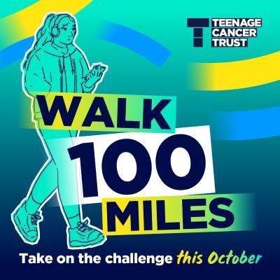 Walk 100 Miles in October logo with cartoon girl with headphones