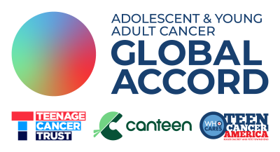 Colorful gradient circle and text reading Adolescent & Young Adult Cancer Global Accord, with logos for Teenage Cancer Trust, Canteen, and Teen Cancer America.